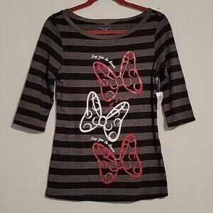 Disney Parks Minnie Mouse 3/4 sleeve boatneck top size M black gray bows New